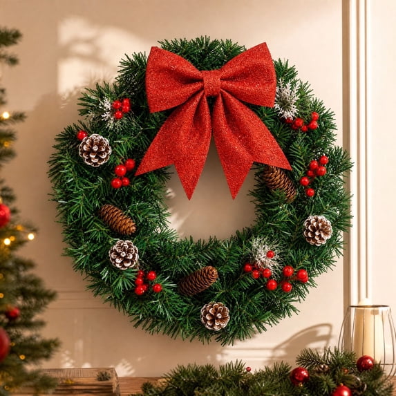 Christmas Wreath for Front Door, 15.75in Artificial Decorative Wreath with Red Bow & Pinecone Berry, Farmhouse Hanging Decor for Winter Indoor Outdoor Window Walls Akmoler