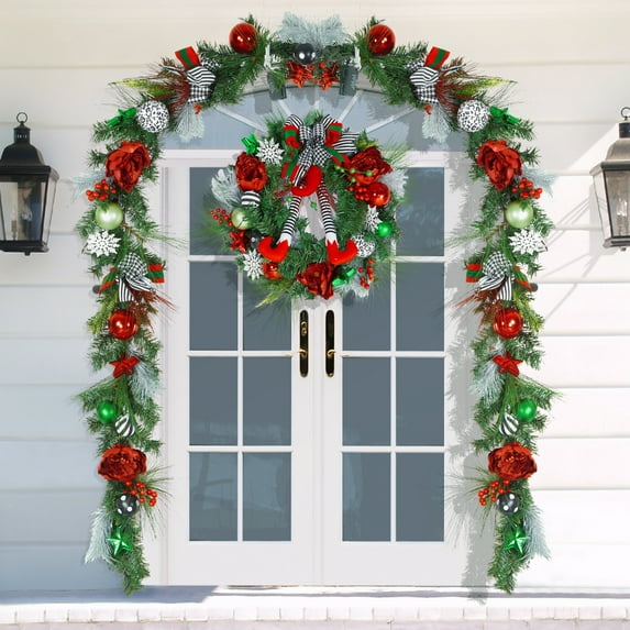 Christmas Wreath for Front Door, 24 Inch Outdoor Christmas Wreath with 20 LED Lights , Battery Operated Xmas Wreath with Gold Ball Ornaments Bows for Home Holiday Party Decor