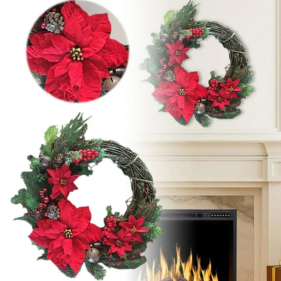 Christmas Wreath for Front Door,Artificial Christmas Wreath Decorated with Poinsettia and Grapevine Farmhouse Design for Vintage Christmas Home Decoration Indoor Outdoor Wall Fireplace Hanging Decor