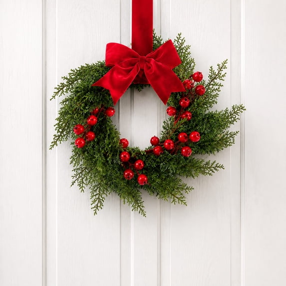 Christmas Wreath for Front Door, Artificial Evergreen Wreath with Red Berries and a Large Red Bow, Holiday Christmas Decorations for Indoor Outdoor Wall Window Farmhouse Decor