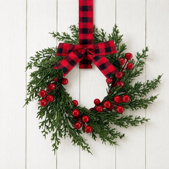 Christmas Wreath for Front Door, Artificial Evergreen Wreath with Red Berries and a Red and Black Buffalo Plaid Bow, Holiday Christmas Decorations for Indoor Outdoor Wall Window Farmhouse Decor