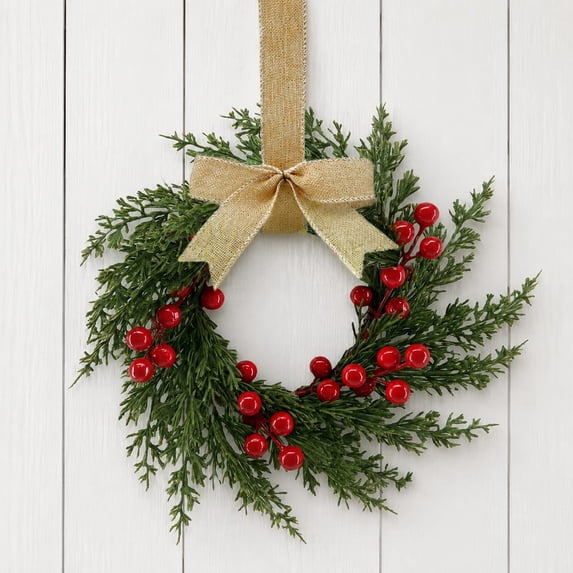 Christmas Wreath for Front Door, Artificial Evergreen Wreath with Red Berries and a Rustic Burlap Bow, Holiday Christmas Decorations for Indoor Outdoor Wall Window Farmhouse Decor