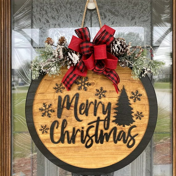Christmas Wreath for Front Door Decor Merry Christmas Sign Door Hanger Decorations Wooden Christmas Decor Door Wreath Gift Home Decor Merry Christmas Sign 15 Inches