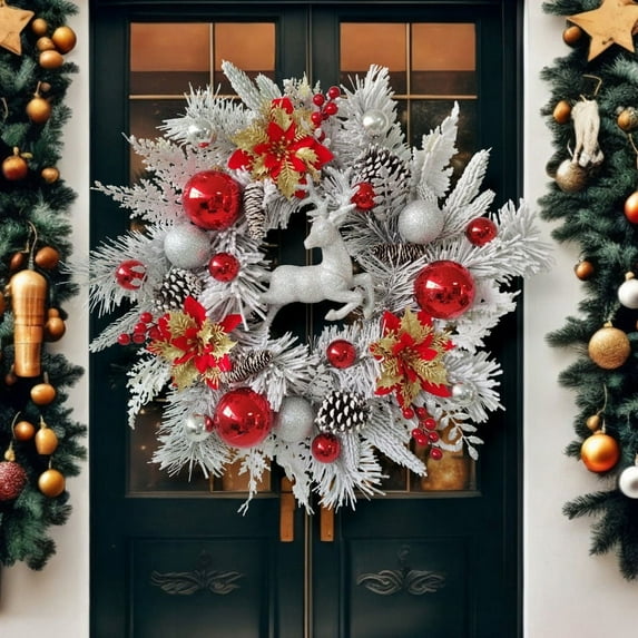 Christmas Wreath, Front Door Decoration Wreath Winter Garland Artificial Wreath for House Party Outdoor Indoor Red Wreath