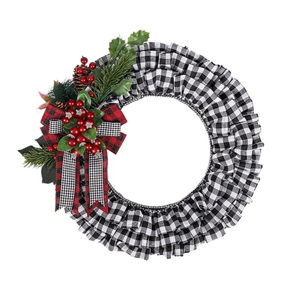 Christmas Wreath for Front Door, Holiday Burlap Buffalo Check Wreath,Buffalo Plaid Christmas Decorations, Christmas Garland with Bow and Pine Branches, Berry for Holiday Porch Window
