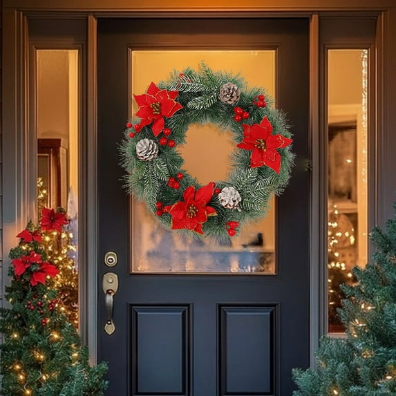 Christmas Wreath For Front Door, Real Touch Pine Wreath With Red Berries/Pine Cone Prelit Christmas Wreaths For Front Door Outdoor Christmas Decorations Winter Wreath For Windows Indoor Holiday