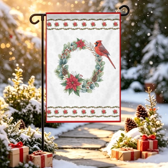 Christmas Wreath Garden Flag 12x18 inch Red Bird Lieaves Vintage Texture Double Sided Small Decorative Garden Flags for Outside, Outdoor Yard Porch Lawn Decoration
