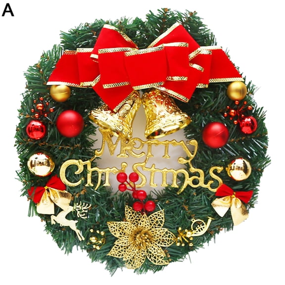 Christmas Wreath Garland with Bowknot Bells Merry Christmas Front Door Ornament for Christmas Party Decor Front Door Window, 12 Inch