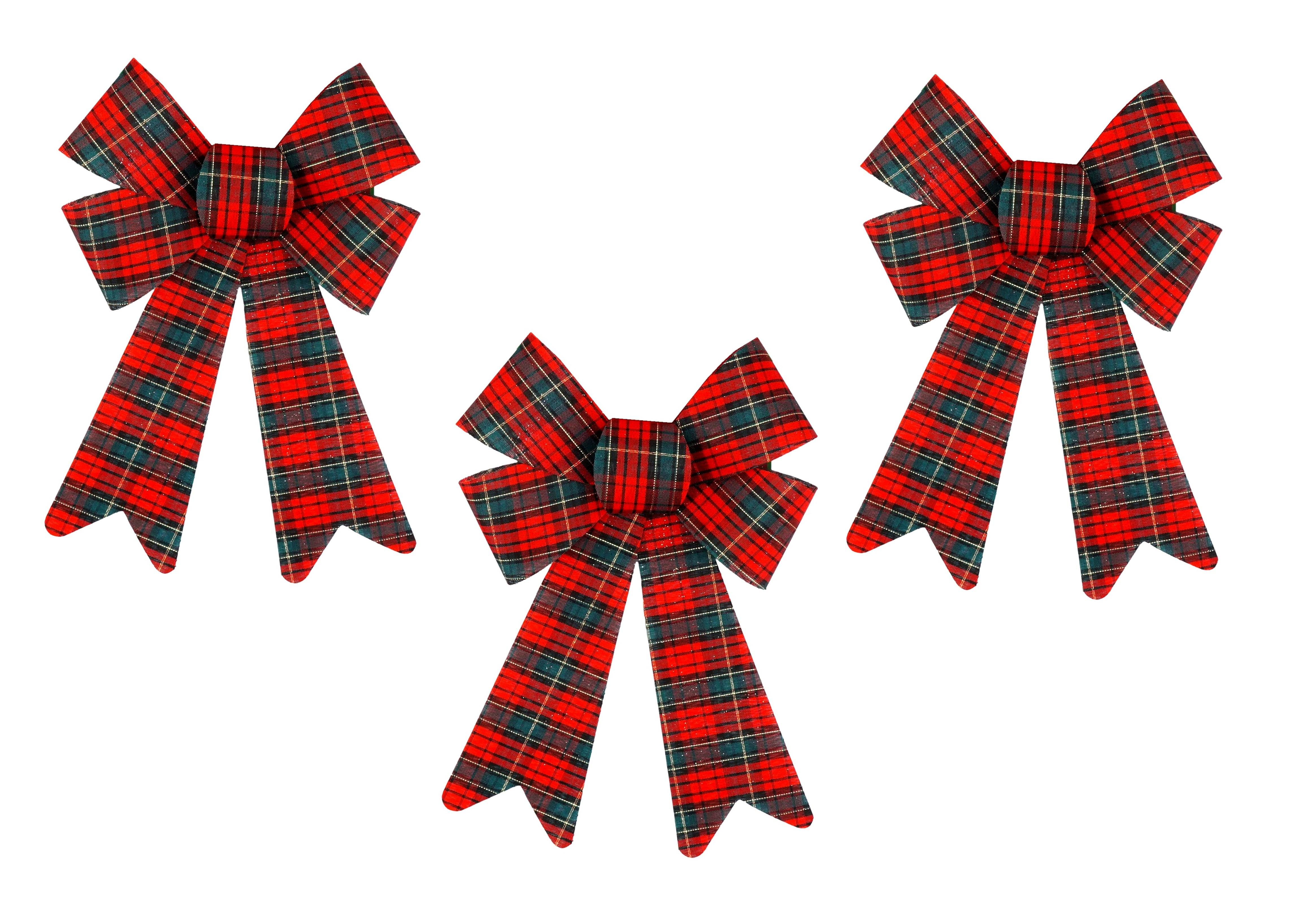 Christmas Wreath Glitter Bows (3 Pack, Red and Green Tartan Plaid, 9 in
