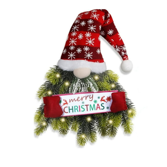 Christmas Wreath Gnome Wreath with Lights Santa Gnome Christmas Hanging Sign Front Door Decor Artificial Pine Spruce Wreath Wall Decor for Indoor Outdoor Home Xmas Porch 24Inch
