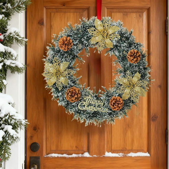 Christmas Wreath with Golden Balls & Pinecones - Door Hanging Decor, Indoor Outdoor Wall/Window Decoration, Festive Holiday Wreath for Christmas Home Decor, 13.78*2.56in, B