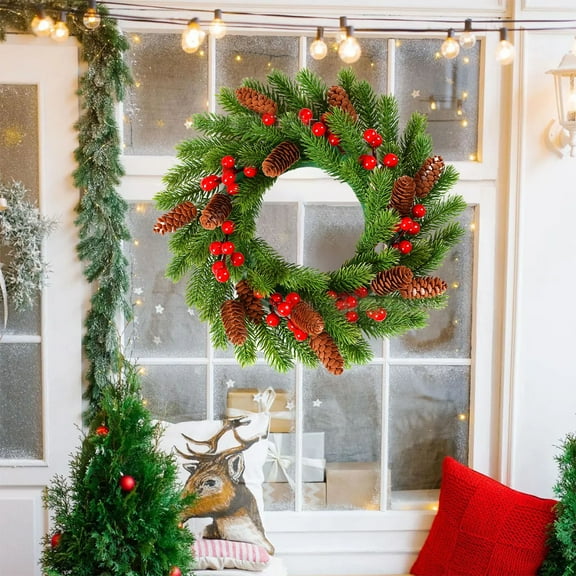Christmas Wreath with Hanger, Christmas Wreaths Artificial Christmas Wreaths for Front Door with Lights, Wreath for Christmas Decoration Door Windows Wall