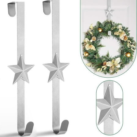 Christmas Wreath Hanger Over The Door Metal Wreath Hook Star Snowflake Christmas Tree Wreath Holder for Xmas Party Decor Door Wall Home Office, Silver, 15in
