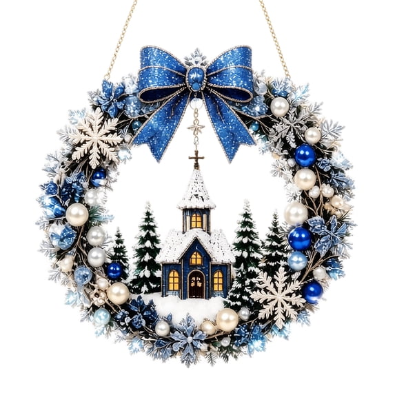 Christmas Wreath Hanging Ornament Blue Winter Church Snowflake Design for Front Door Home Indoor Christmas Decor Holiday Gift