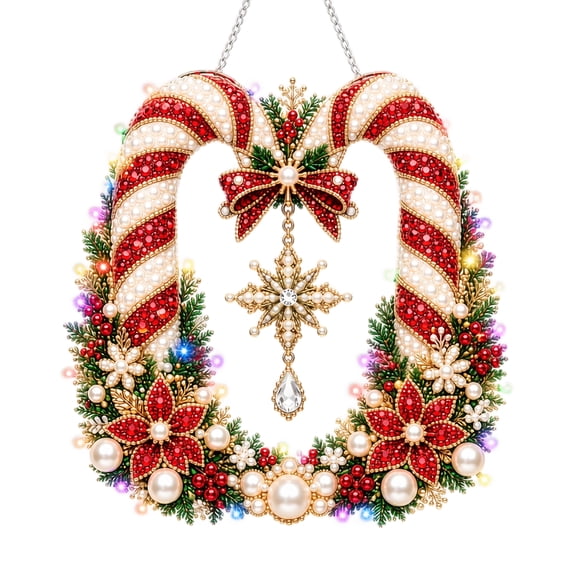 Christmas Wreath Hanging Ornament, Diy Rhinestone Candy Cane Design for Front Door, Wall and Window, Holiday Home Party Decor Gift