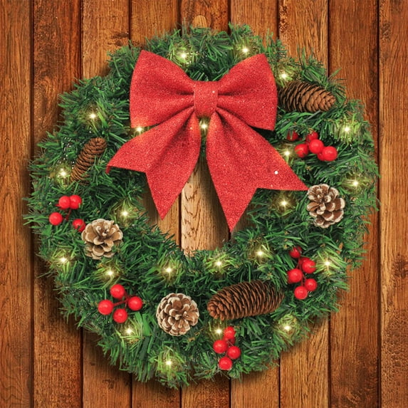 Christmas Wreath, Holiday Decoration, Woven Rattan Wreath with Simulated Pines Cones and Red Berries for Front Door Hanging, Indoor and Outdoor Use, Green Plastic, Battery Operated