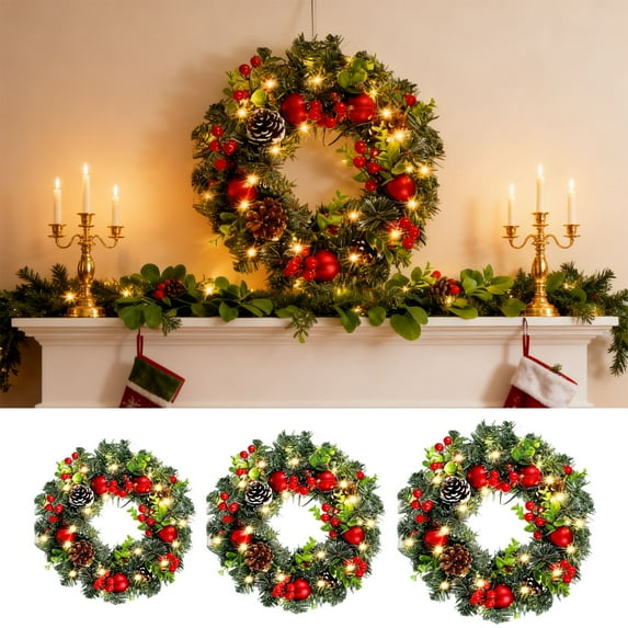 Christmas Wreath with LED Lights & Berry Vines | Green PVC Holiday Door Hanging Garland for Front Door Decor | 7.87in, 11.81in, 15.74in Sizes | Indoor Outdoor Festival Party Decoration