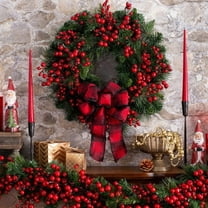 Christmas Wreath, Large Artificial Christmas Wreaths,Featuring Red Berries and Green Pine Branches with a Black and Red Plaid Bow Design, Door and Wall Hanging Wreath, for Christmas Winter Home