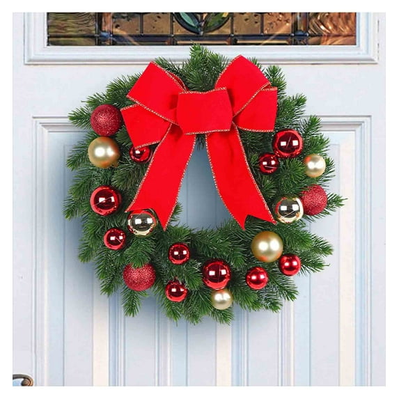 Christmas Wreath with Large Red Bow, 16in Artificial Pine Wreath with Red and Gold Ornaments, Door Wall Hanging Christmas Decoration for Home Indoor Outdoor Holiday Decor