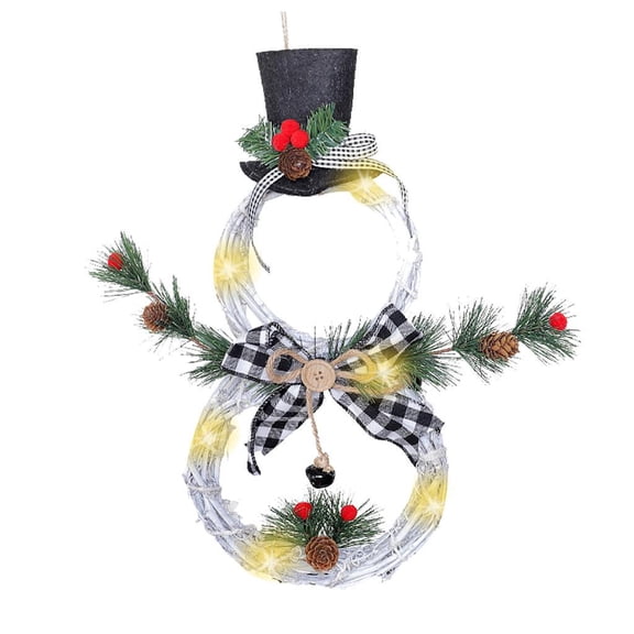 Christmas Wreath, Light Up Black White Plaid Snowman Shaped White Decorative Wreath, 1 Pack with Artificial Pine Accents, For Indoor Home Christmas Tree Hanging Window Display New Year Winter Holiday