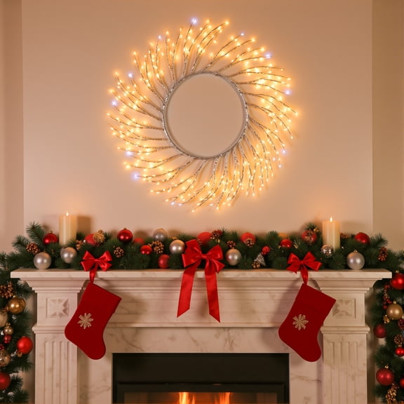 Christmas Wreath with Lights, 260 LED Prelit Christmas Garland Lights, 22 Inch USB-Operated Sparkling Branches for Holiday Year-Round Decor Front Door Christmas Winter Wreath Windows (Silver)