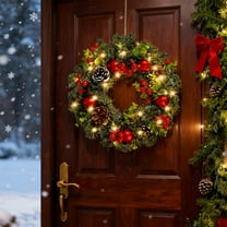 Christmas Wreath with Lights and Berry Vines, Hanging Garland for Front Door, Holiday Home and Festival Decoration, Indoor Outdoor Christmas Decor, Festive Gift Idea