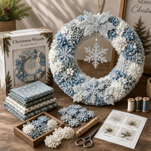 Christmas Wreath Making Kit for Adults, 3D Fabric Poke Art No Sew Beginner Craft Project, Handmade Hanging Decor for Front Door Wall Entryway Home (Winter Snowflake)