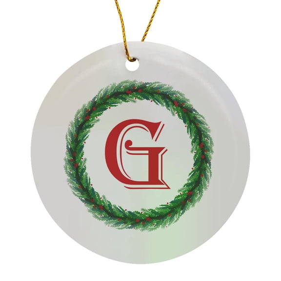 3drose, Christmas Wreath Monogram G Red Initial, Sm3dr, Circle Porcelain Ornament