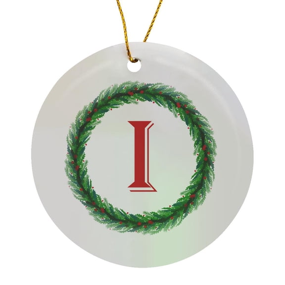 3drose, Christmas Wreath Monogram I Red Initial, Sm3dr, Circle Porcelain Ornament