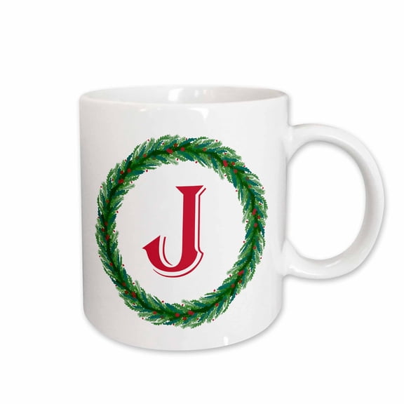 3drose, Christmas Wreath Monogram J Red Initial, Sm3dr, 11oz Mug