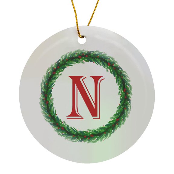 3drose, Christmas Wreath Monogram N Red Initial, Sm3dr, Circle Porcelain Ornament