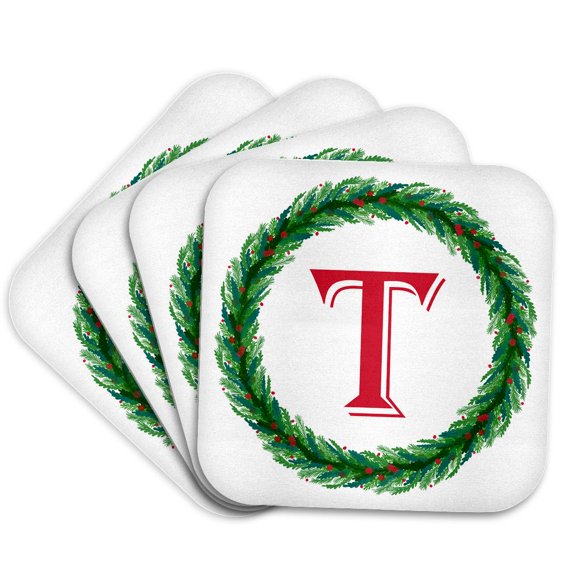 3drose, Christmas Wreath Monogram T Red Initial, Sm3dr, Set of 4 Coasters - Soft