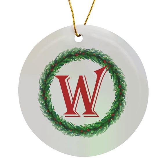 3drose, Christmas Wreath Monogram W Red Initial, Sm3dr, Circle Porcelain Ornament