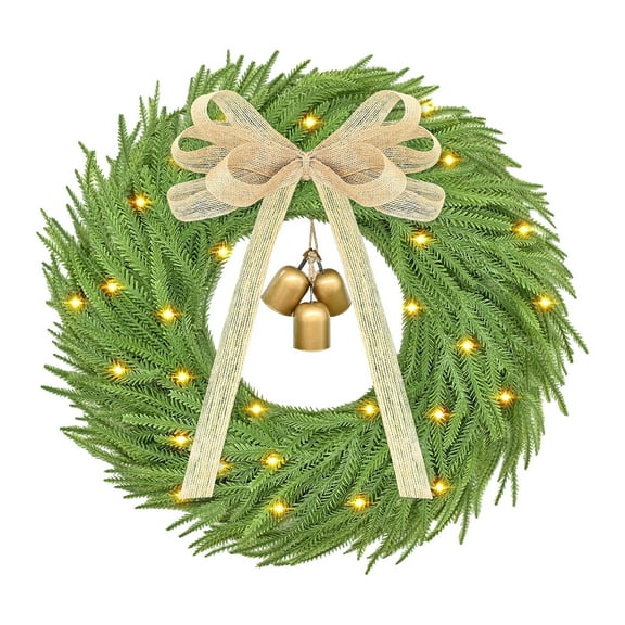 Christmas Wreath No-Lights Real Touch Norfolk Pine Wreath Outdoor Christmas Wreaths Christmas Wreaths for Front Door Indoor Xmas Thanksgiving Vintage Bell Elegant Bow Decorations, 17.72Inch