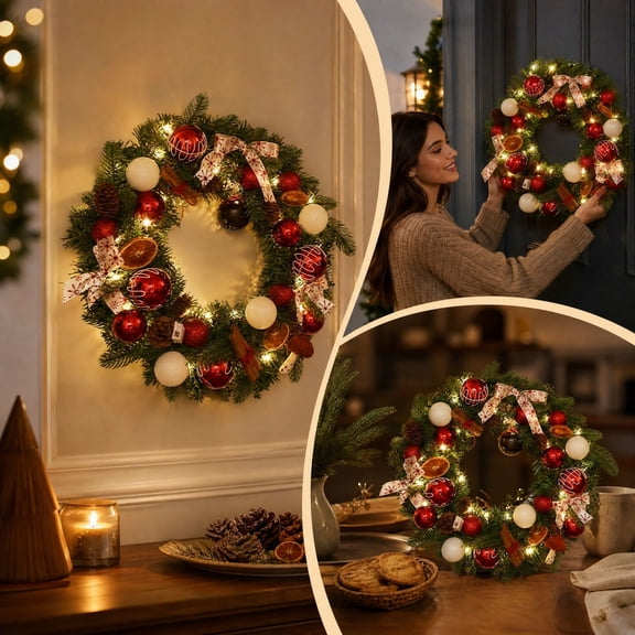 Christmas Wreath Ornament, Pine Branch Circle, Seasonal Wall Decor, Creates Instant Festive Atmosphere and Comes with Built-In Hanging Cord for Wall Displays, Window Frames and Party Backdrops.