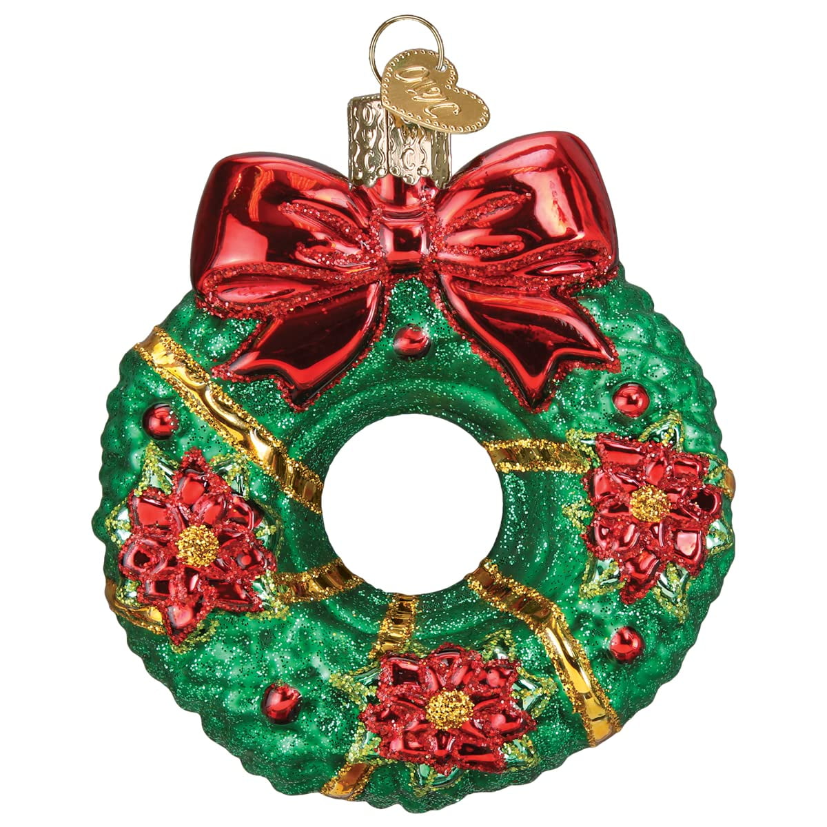 Handcrafted Glass Christmas Wreath Ornament with Red Bow