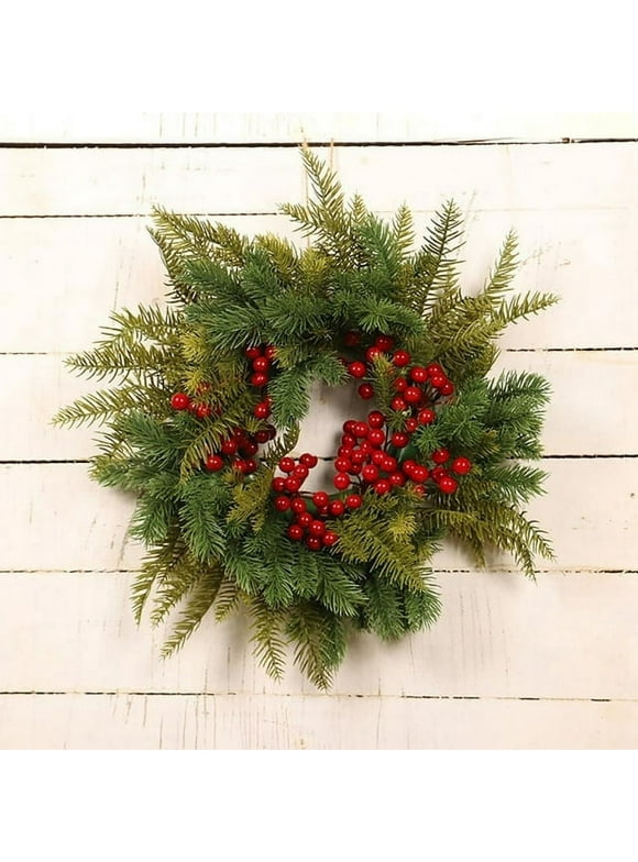 Christmas Wreath, Outdoor Prelit Artificial Christmas Wreaths for Front Door Decorations, Green Winter Spring Wreath with Eucalyptus Pine Leaves Red Golden Berries