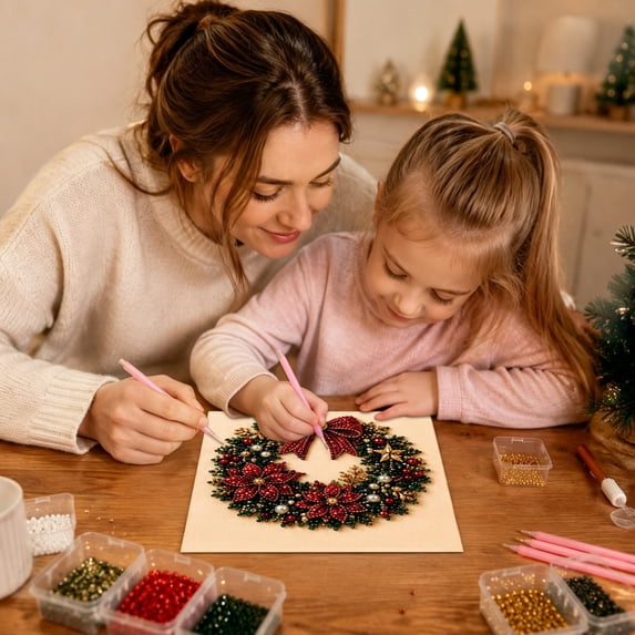 Christmas Wreath Pearl Diamond Painting Kit, DIY Beaded Art Canvas, Unframed Diamond Mosaic for Home Wall Decor Holiday Craft Gift 30cm