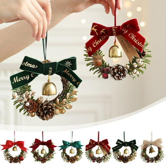 Christmas Wreath Pendant, Bow Bells Pinecone Floral Ring Door Hanging, Indoor Outdoor Holiday Decoration,Vsgery