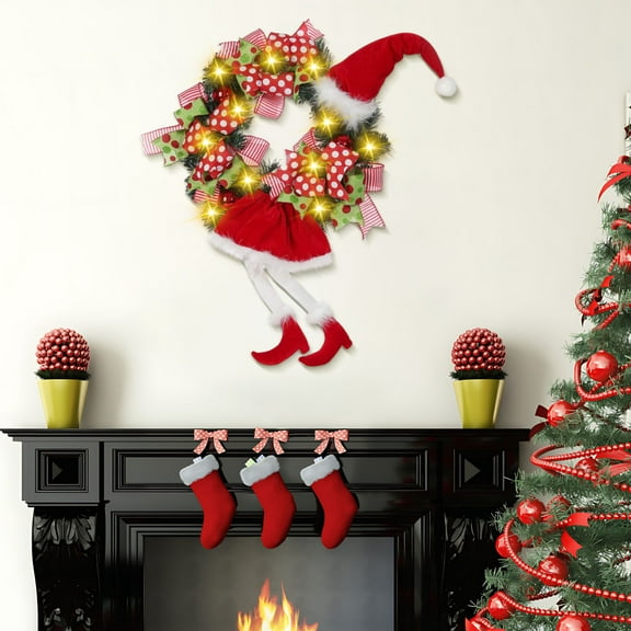 Christmas Wreath Pendant With Long-Legged Elf - Festive Tree Hanging Decoration, Cute Elf Themed Christmas Pendant, Perfect for Home & Tree Holiday Decor, 17.7*27.6in, Red