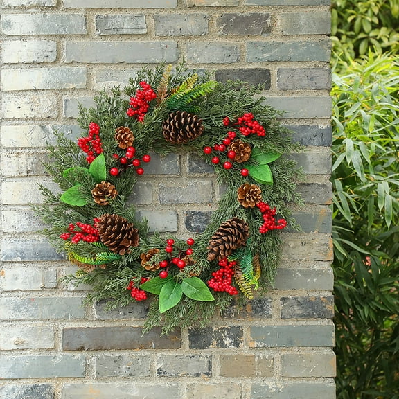 Christmas Wreath with Pine Cones and Red Berries, Holiday Rattan Wreath for Front Door Welcome and Christmas Decor, Family Gathering and Hostess Gift, Seasonal Wreath for Mantel Display and Akmoler