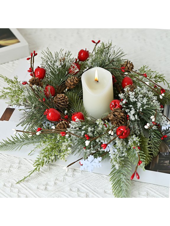 Christmas Wreath, Pinecone and Red Berry Candle Holder Ring Holiday Table Centerpiece Artificial Greenery Garland Décor for Home Party Christmas Decoration