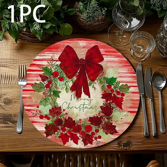 Christmas Wreath Placemats Set of 4 Round Felt Non-Slip Table Mats for Holiday Dinner Party Dining Decor with Red Berry and Bow Design 8 Inch Green and Red