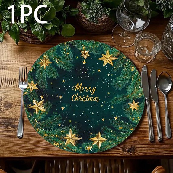 Christmas Wreath Placemats Set of 4 Round Felt Non-Slip Table Mats for Holiday Dinner Party Dining Decor with Red Berry and Bow Design 8 Inch Green and Red