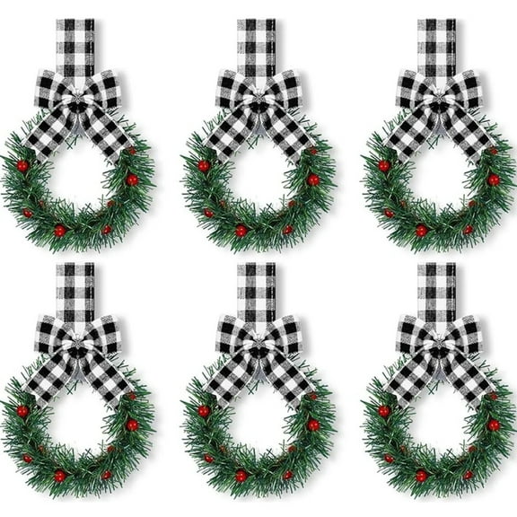 Christmas Wreath with Plaid Bow - 6PCS 4 Inch Mini Kitchen Cabinet Wreaths for Indoor and Outdoor Christmas Decorations, Holiday Decor for Windows, Doors, and Home Holiday Decor
