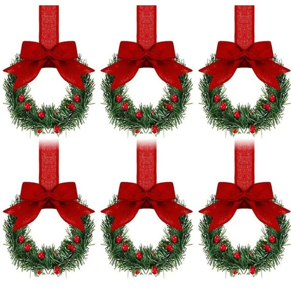 Christmas Wreath with Plaid Bow - 6PCS 4 Inch Mini Kitchen Cabinet Wreaths for Indoor and Outdoor Christmas Decorations, Holiday Decor for Windows, Doors, and Home Holiday Decor