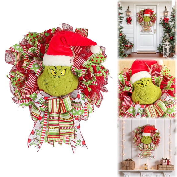 Christmas Wreath, Plush Stolen Gift Style Door Hanging Decoration with Dangling Arms and Legs, Green Monster Whimsical Christmas Front Door and Wall Decor