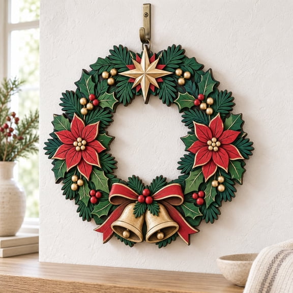 Christmas Wreath Poinsettia Design Wooden Door Decor Holiday