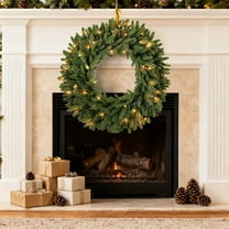 Christmas Wreath Pre Lit 17 Inch with Led Lights, Battery Operated Artificial Christmas Wreaths for Front Door with Lights, Green Christmas Decoration for Door Windows Wall