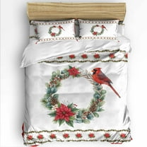 Christmas Wreath Queen Size Comforter Set, Red Bird Lieaves Vintage Texture Soft Bedding for All Seasons, 4 Pcs Bed Set with 1Comforter (90"x92") ,1 Sheet(94"x116"), 2 Pillowcases (19"x29")